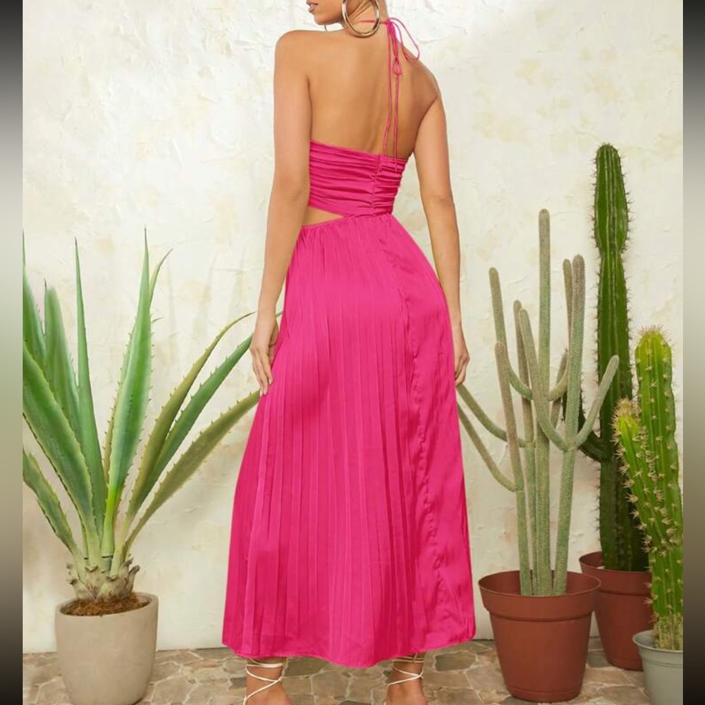 Pink Cut Out Ruched Halter neck pleated Satin midi Dress- straps can criss cross - Picture 5 of 14